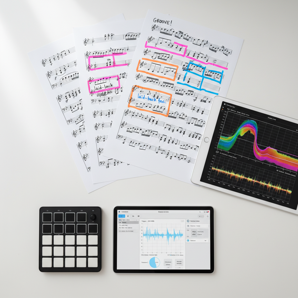 An overhead photographic view of a clean white desk where printed music scores, annotated with colorful highlighters and neatly written comments about groove and feel, are carefully spread out beside a tablet displaying a spectrogram and rhythmic heatmap. A compact MIDI controller with velocity-sensitive pads and a small AI audio tool interface on a secondary screen complete the scene. Soft, even daylight from an unseen window illuminates the workspace, creating minimal shadows and enhancing the crisp contrast of black notation on white paper. The composition follows a balanced, minimalist aesthetic with sharp focus across the frame, evoking a methodical, research-oriented atmosphere in contemporary music theory and technology.